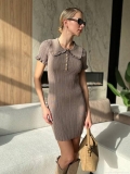 Women's Short Sleeve Ribbed Knit Mini Dress Retro French Style Slim Fit Polo Collar A-Line Dress With Decorative Golden Buttons For Commute Fashion
