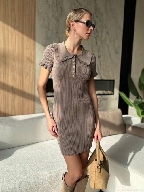Women's Short Sleeve Ribbed Knit Mini Dress Retro French Style Slim Fit Polo Collar A-Line Dress With Decorative Golden Buttons For Commute Fashion
