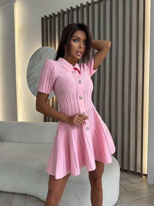 Women's Knitted Polo Neck Mini Dress Short Sleeve Button Up Pleated Hem High Waist Bodycon Sexy Y2K Cotton Blend Dress for Summer Casual Party Wear