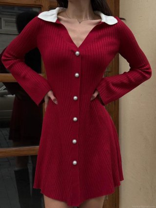 Women's Knitted Mini Dress Contrast Polo Collar Long Sleeve Bodycon Ribbed Pullover Autumn Winter Fashion Contrast Color Dress With Pearl Buttons