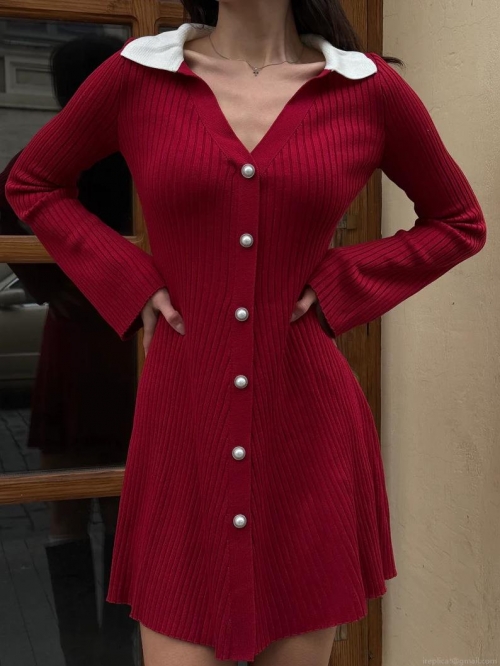 Women's Knitted Mini Dress Contrast Polo Collar Long Sleeve Bodycon Ribbed Pullover Autumn Winter Fashion Contrast Color Dress With Pearl Buttons
