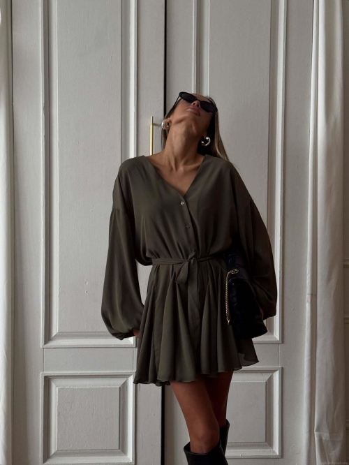 Women's French Vintage V-Neck Mini Dress Long Lantern Sleeve Chiffon Waist Tie Elegant A-Line Short Skirt For Party Casual Sexy Solid Color Dress