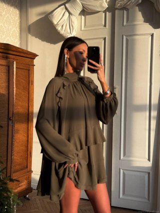 Women's Ruffled Mini Dress Elegant High Neck Long Sleeve Tiered Chiffon Short Dress For Party Casual Streetwear Solid Color Sexy Slim Fit Gown