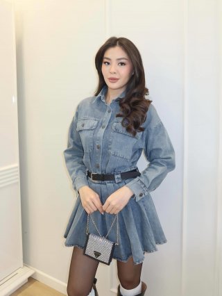 Women's Chic Denim Shirt Dress Long Sleeve Pleated Mini Dress With Belt High Waist Button Down Casual Streetwear Party Outfits