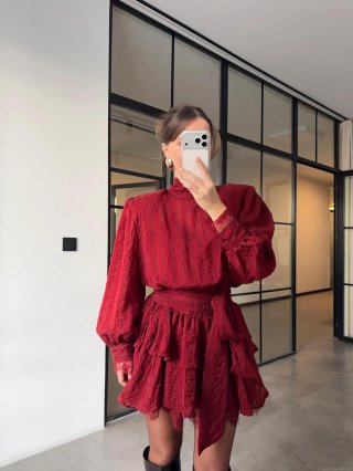 Women's Long Sleeve Mini Dress Ruffle Tiered Cake Skirt Stand Collar Waist Tie Cotton Polyester Blend Lace Trim Sexy Streetwear Party Dress