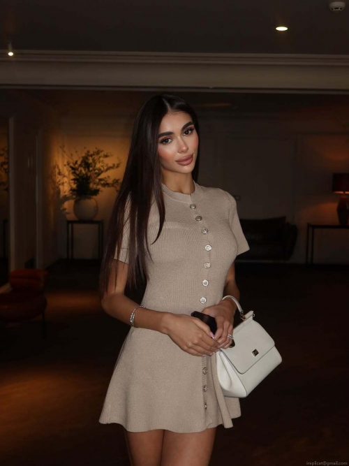 Women French Style Short Sleeve Knitted Mini Dress With Metal Buttons Slim Fit Elegant Summer Bodycon Dress Cotton Blend Knitwear For Casual Office Party