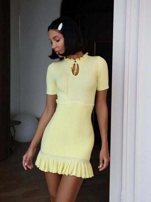 Women's Sexy Bodycon Mini Dress Short Sleeve Ruffle Trim Knitted Dress With Tie Front Hollow Out Bandage Detail Cotton Acrylic Ribbed Summer Dress For Women