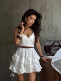 Bohemian Lace Trim Layered Cake Mini Dress With Braided Belt Women Sexy V Neck Sleeveless Summer Holiday Cotton Blend Party Beach Short Dress