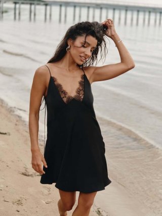 Women Sexy V-Neck Satin Mini Dress Summer Vacation Backless Spaghetti Strap Lace Splicing A-Line Party Dress For Ladies