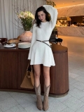 Women Long Sleeve Knitted Mini Dress Solid Ribbed Round Neck Slim Fit A-Line Bodycon Sweater Dress For Fall Spring Chic Office Lady