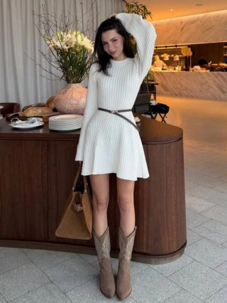 Women Long Sleeve Knitted Mini Dress Solid Ribbed Round Neck Slim Fit A-Line Bodycon Sweater Dress For Fall Spring Chic Office Lady