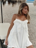 Women Sexy V Neck Ruffle Layered Mini Dress Spaghetti Strap Chiffon Summer Beach Sun Dress Solid Color Sleeveless Bohemian Party Dress