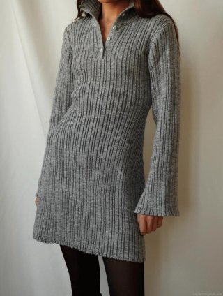 Women Sexy Ribbed Knitted Bodycon Mini Dress Long Flare Sleeve Button High Neck Slim Fit Hollow Out Party Streetwear Dress