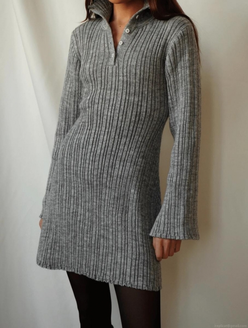 Women Sexy Ribbed Knitted Bodycon Mini Dress Long Flare Sleeve Button High Neck Slim Fit Hollow Out Party Streetwear Dress