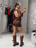 Sexy Backless Ruched Mini Dress Women Mesh Patchwork Long Sleeve Slim Fit Bodycon Dress for Party Nightclub Dating Streetwear Women Clothing
