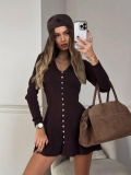 Women's V-Neck Button Front Ribbed Knit Mini Dress Long Sleeve Slim Fit A-Line Solid Color Casual Sexy French Style Short Dress for Women Daily Streetwear Fall Spring