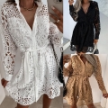 Women's Elegant Lace Hollow Out Mini Shirt Dress Long Sleeve Single Breasted Button Down Party Vacation Commute Dresses With Belt