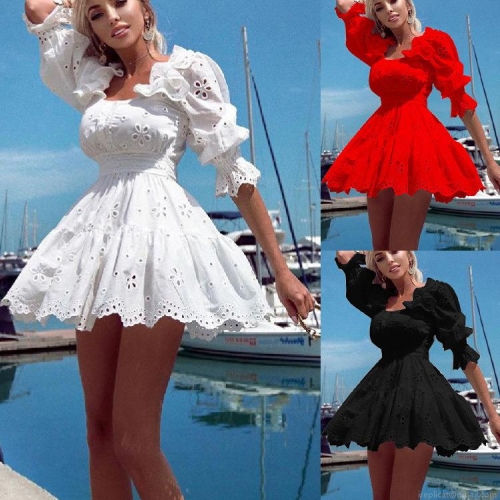 Women Summer Hollow Out Embroidery Mini Dress Puff Sleeve Square Neck Boho Beach Vacation Short Dress Polyester Cotton Blend Solid Color Elegant Lady Party Wear