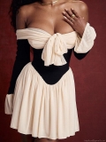Women French Elegant Off-Shoulder Mini Dress Black White Contrast Color Long Sleeve Slim Fit Bow Tie Chiffon Mesh Stitching Short A-Line Dress For Party Dating