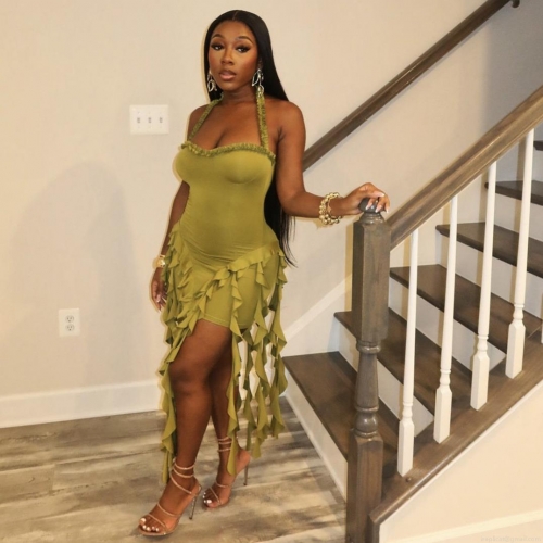 Women's Halter Neck Ruffle Fringe Mini Dress Sexy Backless Bodycon Dress Sleeveless Solid Color Polyester Spandex Party Clubwear Dress for Women