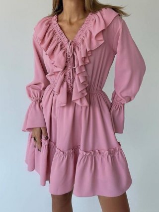 Women's V-Neck Ruffle Mini Dress Elegant Solid Color Long Flare Sleeve A-Line Short Dress For Office Party Casual Polyester Fashion Dress