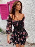Floral Off-the-Shoulder Mini Dress Chiffon Lantern Sleeve Lace-up Corset Waist A-line Skirt Women Vintage French Style Dating Party Outfits