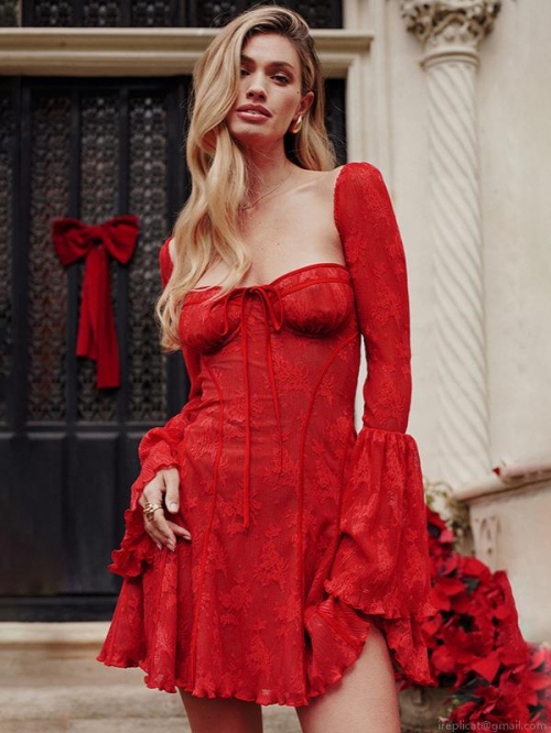 Women's Elegant Lace Flare Sleeve Mini Dress Vintage Square Neck High Waist Backless Corset Style Polyester Lace Dress For Party Cocktail