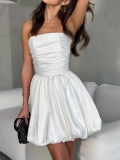 Women's Sexy Satin Strapless Ruched Mini Dress Bubble Hem Sweet Party Dress Elegant Sleeveless Off-Shoulder Short Dress For Women Clubwear Dating Night Out