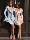 Women Sexy V-Neck Ruffled Mini Dress Elegant Solid Color Flare Long Sleeve Slim Fit Short Dress for Party Club Vacation