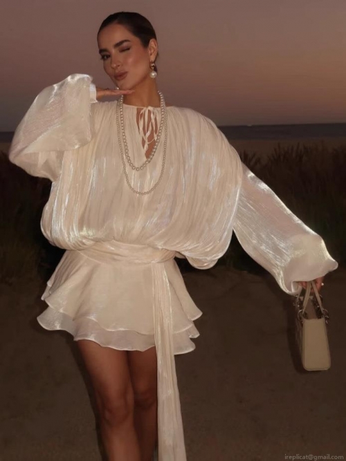 Women's Elegant Pleated Ruffle Mini Dress Long Lantern Sleeve Satin High Waist Tiered Short Dress For Party Vacation Wedding Guest Evening