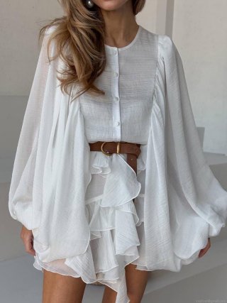 Elegant Women's Ruffle Long Lantern Sleeve Mini Dress Solid Color Pleated A-Line Short Dress With Belt Polyester Fashion Commute Party Dress