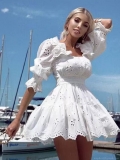 Women Elegant Hollow Out Embroidered Lace Mini Dress Bohemian Puff Sleeve Ruffle A-Line Tiered Short Dress For Vacation Beach Party Summer Resort