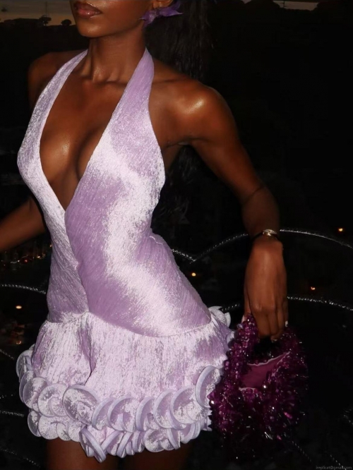 Women's Sexy Deep V Neck Halter Mini Dress Pleated Polyester Ruffle Hem Elegant Party Evening Gown Elegant A-Line Sleeveless Sun Dress for Women