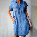 Women Short Sleeve Denim Shirt Dress Lapel Single Breasted A-Line Mini Dress With Pockets Casual Elegant Summer Cotton Jean Dress For Women