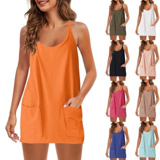 Women's Spaghetti Strap Mini Dress With Pockets Summer Casual Cotton Blend Sleeveless Solid Color Sporty Short Dress For Beach Party Daily Wear