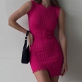 Women's Sleeveless Cable Knit Mini Dress Bodycon Round Neck Distressed Tassel Hem Knitted Pencil Dress Elegant Solid Color Short Sweater Dress for Party Dating Streetwear