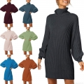 Women's High Neck Lantern Sleeve Ribbed Knit Sweater Dress Solid Color Mid-Length Bodycon Pullover Autumn Winter Jumper Dress