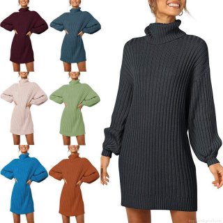 Women's High Neck Lantern Sleeve Ribbed Knit Sweater Dress Solid Color Mid-Length Bodycon Pullover Autumn Winter Jumper Dress