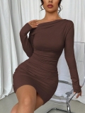 Women's Elegant Ruched Slant Shoulder Bodycon Dress Sexy Long Sleeve Asymmetrical Neckline Mini Party Clubwear Dress Polyester Spandex Blend Slim Fit