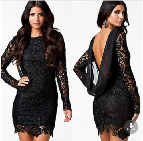 Sexy Backless Lace Dress Women Long Sleeve Patchwork Chiffon Hollow Out Mini Dress Party Nightclub Bodycon Dress For Ladies