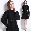 Women Elegant Black Lace Patchwork Dress Lantern Sleeve Stand Collar Slim Fit A-Line Short Dress With Belt Vintage Office Party Long Sleeve Dress