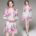 Women's Elegant Rose Floral V-Neck Long Sleeve Mini Dress Retro Satin A-Line Single Breasted Cardigan Party Dress With Ruffle Shoulder Decor