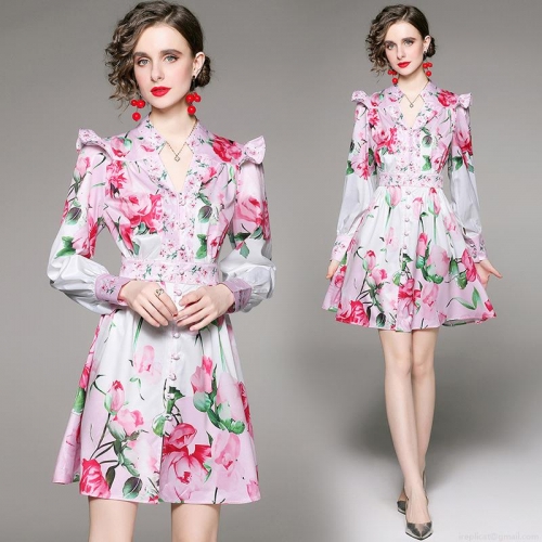 Women's Elegant Rose Floral V-Neck Long Sleeve Mini Dress Retro Satin A-Line Single Breasted Cardigan Party Dress With Ruffle Shoulder Decor