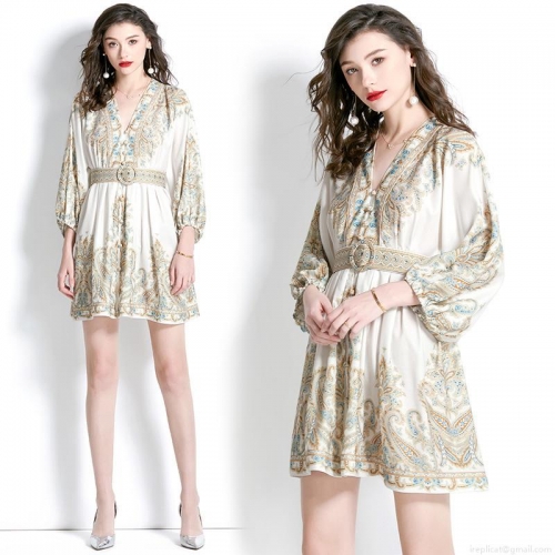 Women's Bohemian Print Mini Dress Chiffon V Neck Lantern Sleeve Belted Short Dress For Vacation Party Elegant Retro A-Line Dresses