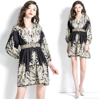 Women's Vintage Paisley Print Chiffon Mini Dress V-Neck Lantern Long Sleeve Bohemian Vacation Dress With Belt Elegant Summer Short Dress For Women