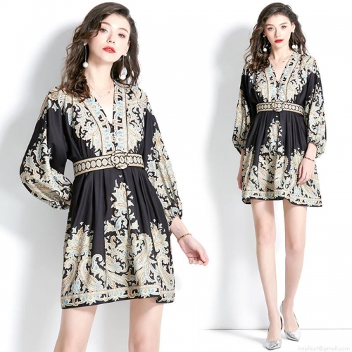 Women's Vintage Paisley Print Chiffon Mini Dress V-Neck Lantern Long Sleeve Bohemian Vacation Dress With Belt Elegant Summer Short Dress For Women