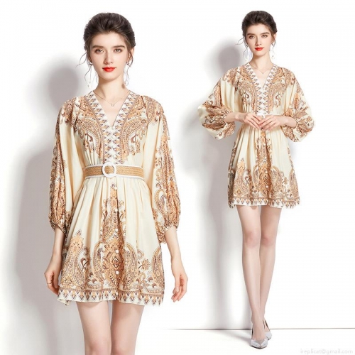 Bohemian Vintage Paisley Print Mini Dress For Women V-Neck Lantern Sleeve Polyester A-Line Dress With Belt Resort Vacation Style