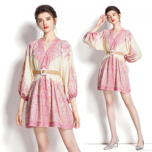Women's Bohemian Paisley Print V-Neck Lantern Sleeve Mini Dress Polyester Short Vacation Dress With Woven Belt Elegant Summer Beach A-Line Style Apparel