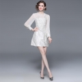 Women's Elegant White Jacquard Embroidery Mini Dress Long Sleeve Sheer Mesh Sequined Slim Fit Short Dress For Wedding Party