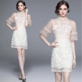 Elegant Lace Embroidery Dress French Style Round Neck Puff Sleeve Slim Fit 3D Floral Mini Dress For Women Party Wedding Evening Apricot White Mesh Splicing Beaded Dress
